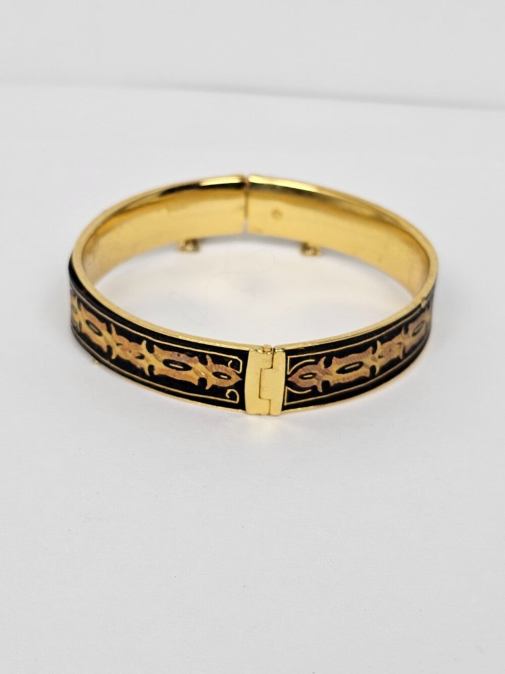 Vtg Damascene Floral Hinged Bangle Bracelet Black Rose Yellow Gold Tone Inlay - Picture 4 of 14